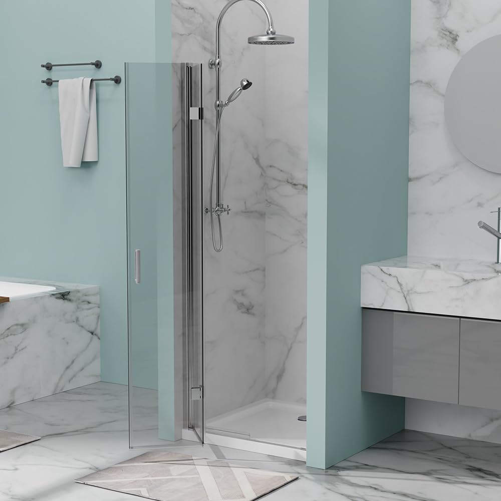 28” x 72” Pivot Shower Door, 1/4 inch Tempered Glass Panel Pivot Swing Shower Door in Matte Black Finish, Semi-Frameless Design