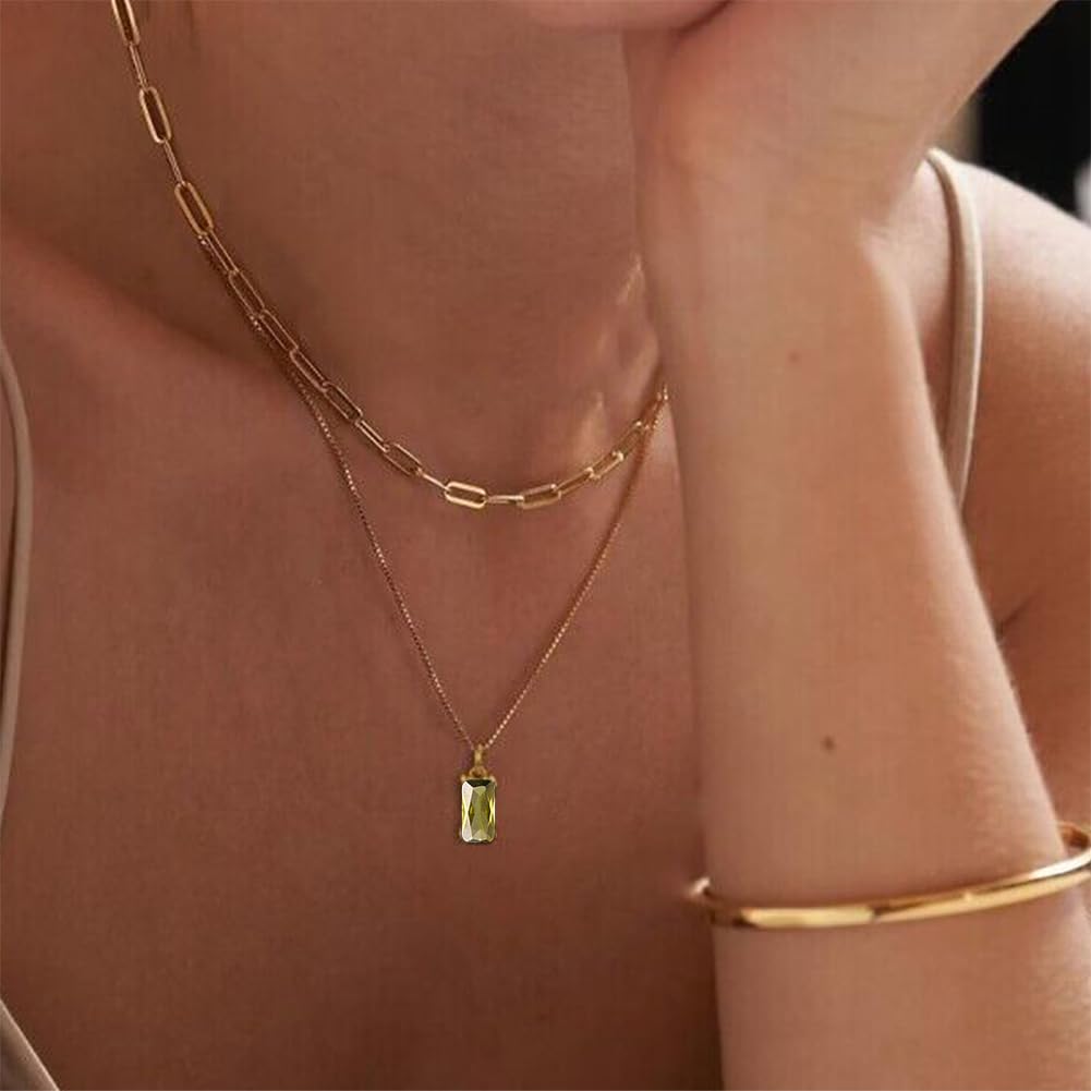 Dainty Gold Charm Necklaces for Women Non Tarnish, 14K Trendy Blue Green Cubic Zirconia Emerald Pendant Birthstone Necklaces Birthday Gifts for Women Waterproof Jewelry