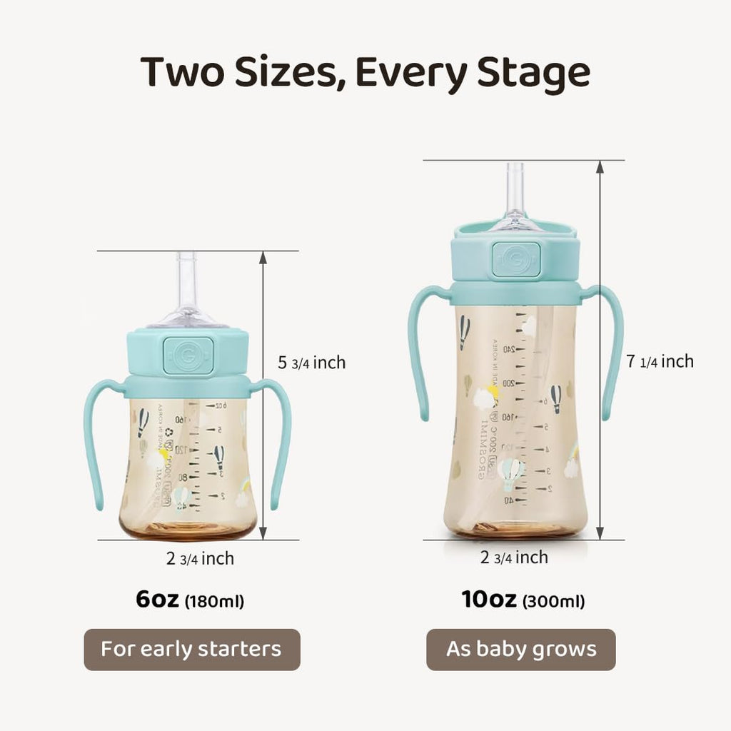 GROSMIMI PPSU Baby Straw Cup Stage 2, 12M+, Spill-Proof, 10oz (Air Balloon)