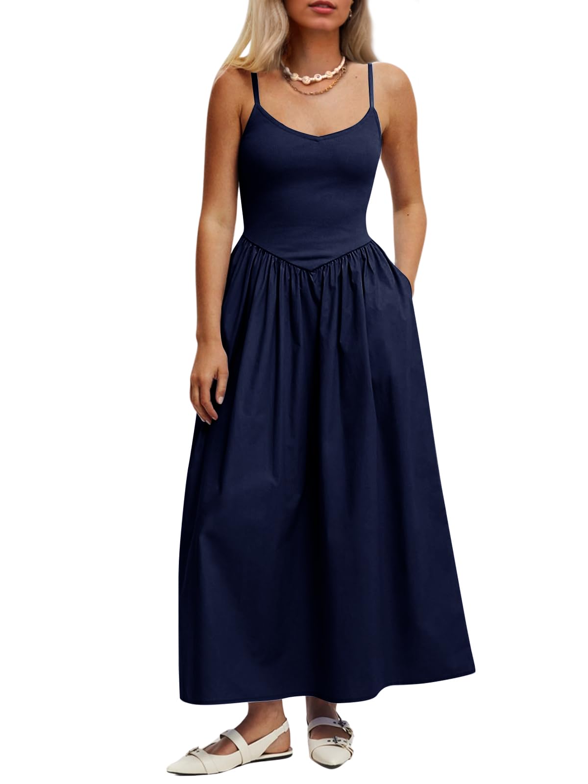 Mieazom Women’s Sleeveless V-Neck Maxi Dress with Pockets – Slim Fit Casual Summer Spaghetti Strap Dress for Vacation
