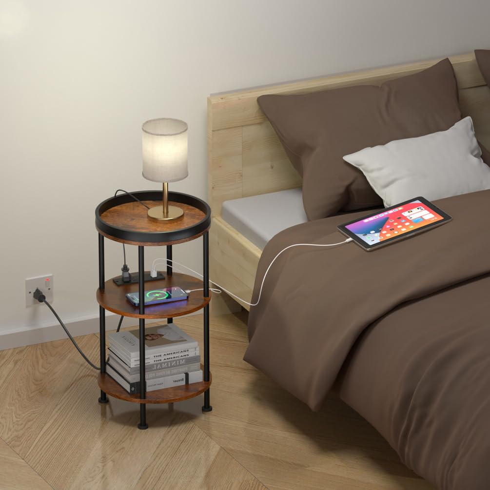 Small Round Side Table with Charging Station for Small Spaces, 3-Tier Accent Table with USB Ports & Power Outlets, Sofa Corner Tea Table for Living Room Nightstand Bedroom Apartment (Black)