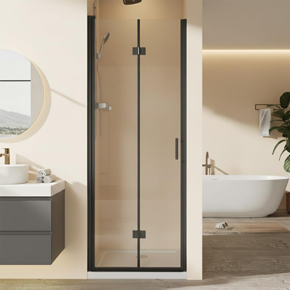 28” x 72” Pivot Shower Door, 1/4 inch Tempered Glass Panel Pivot Swing Shower Door in Matte Black Finish, Semi-Frameless Design