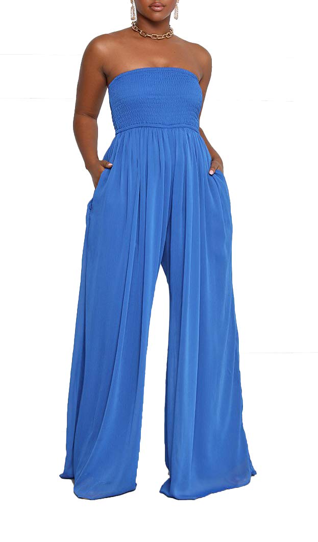 Ophestin Women's Strapless Tube Wide Leg Jumpsuits Smocked Women Jumpsuits Dressy Casual Flowy One Piece Jumpsuits Rompers