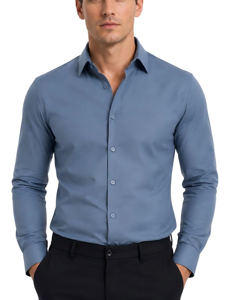 FAHIZO Men's Dress Shirt Casual Regular Fit Stretch Solid Long Sleeve Button Up Shirts