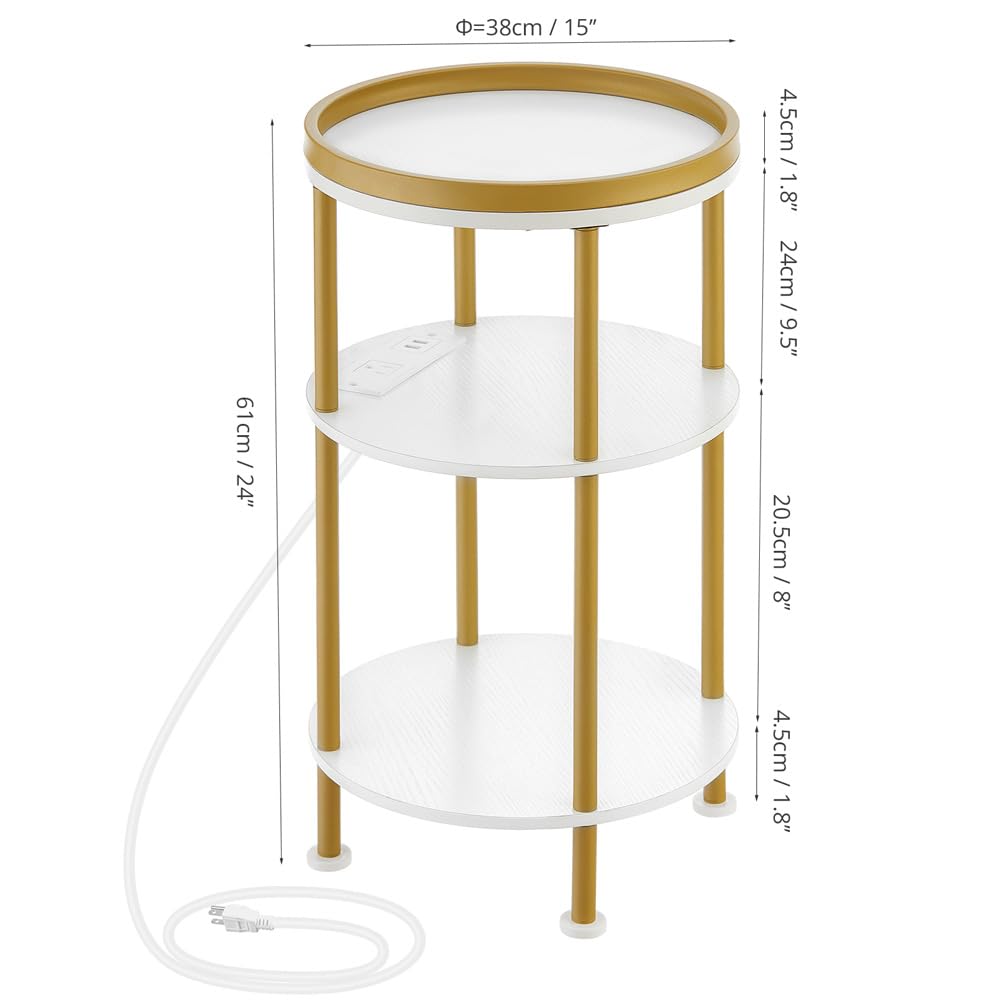 Small Round Side Table with Charging Station for Small Spaces, 3-Tier Accent Table with USB Ports & Power Outlets, Sofa Corner Tea Table for Living Room Nightstand Bedroom Apartment (Black)