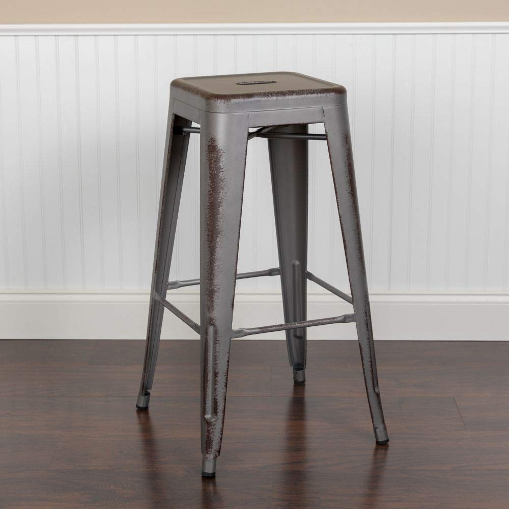 Flash Furniture 30"H Commercial Modern Metal Backless Barstool, Indoor/Outdoor Industrial Square Stacking Bar Stool for Patio Bars/Restaurants, Black