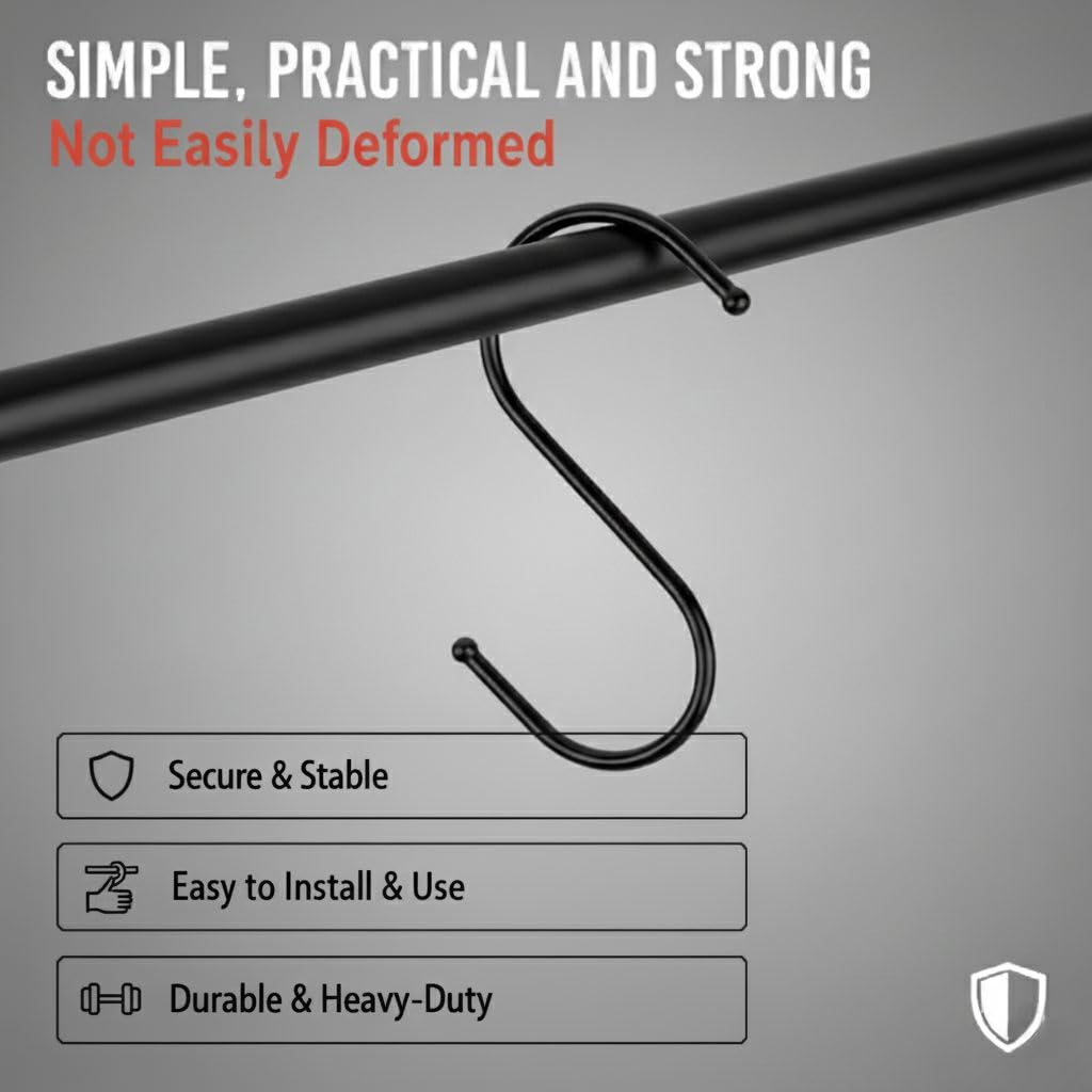 WHITECLOUDZ 20-Pack Black S Hooks for Hanging Plants, Metal S Hooks for Hanging Heavy-Duty, Closet Hooks for Hanging Clothes, Durable Kitchen Hooks for Hanging Utensils, Pots, Clothes & Bag