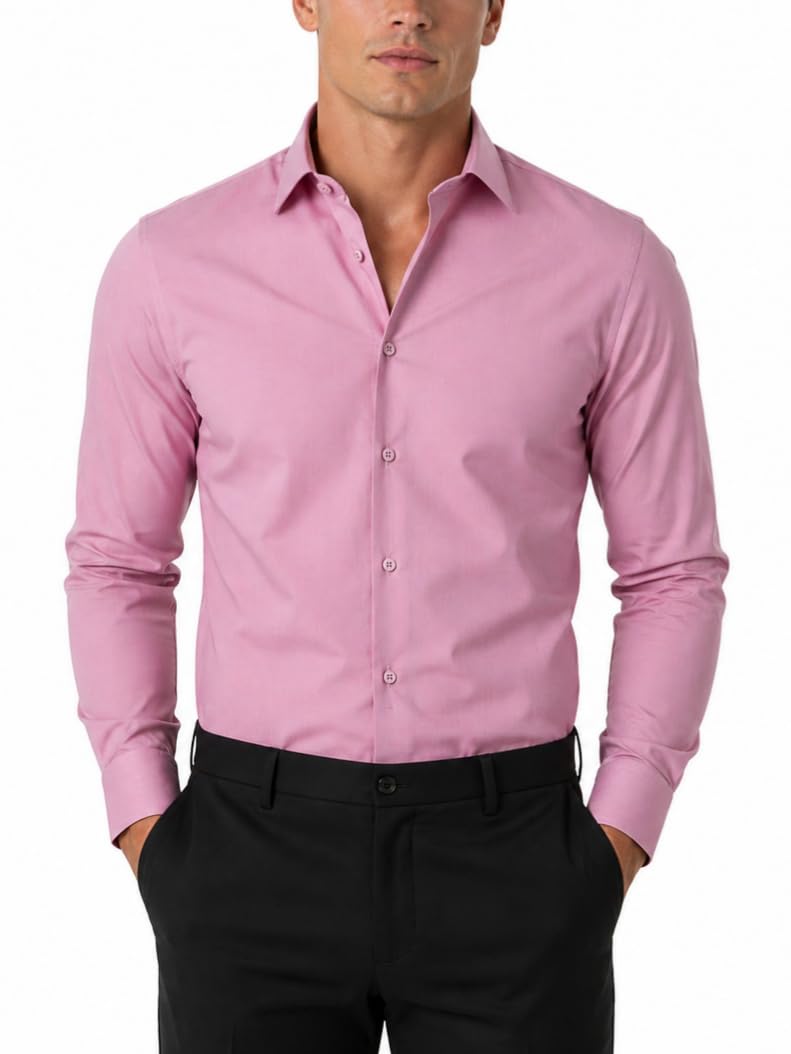 FAHIZO Men's Dress Shirt Casual Regular Fit Stretch Solid Long Sleeve Button Up Shirts