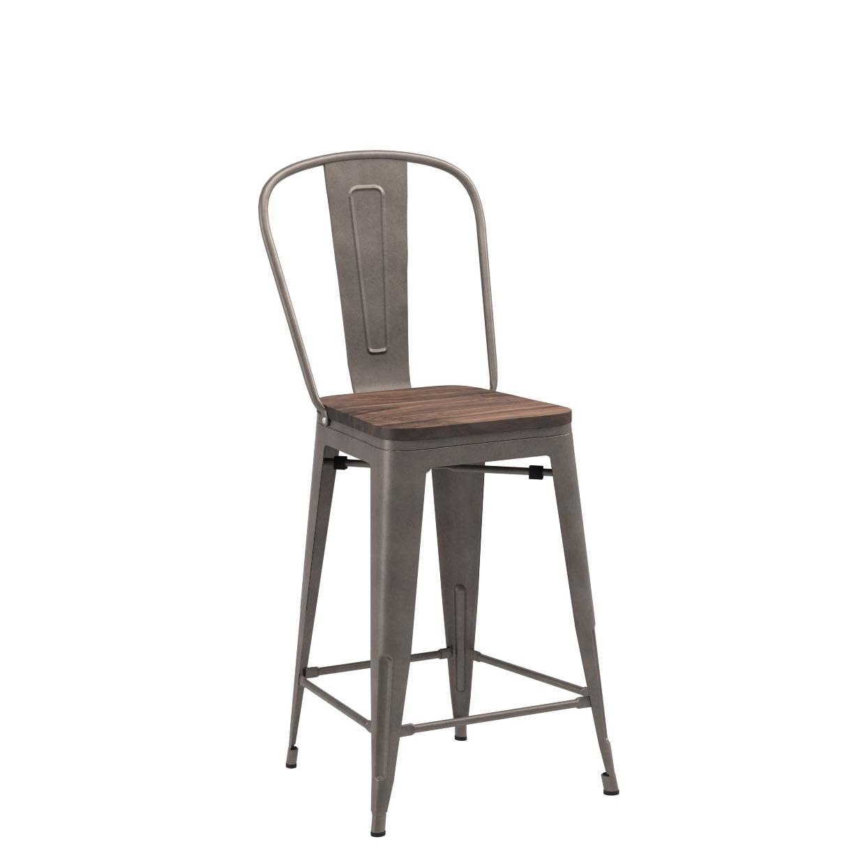 Barstools Set of 4 Counter Height Bar Stools for Kitchen Island Farmhouse Metal High Back Bar Chairs Wooden Seat 24" Matte Black