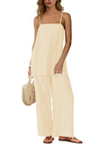 Dokuritu Linen Sets for Women 2 Piece Summer Spaghetti Strap Top Wide Leg Pant Set Beach Vacation Travel Outfits with Pockets
