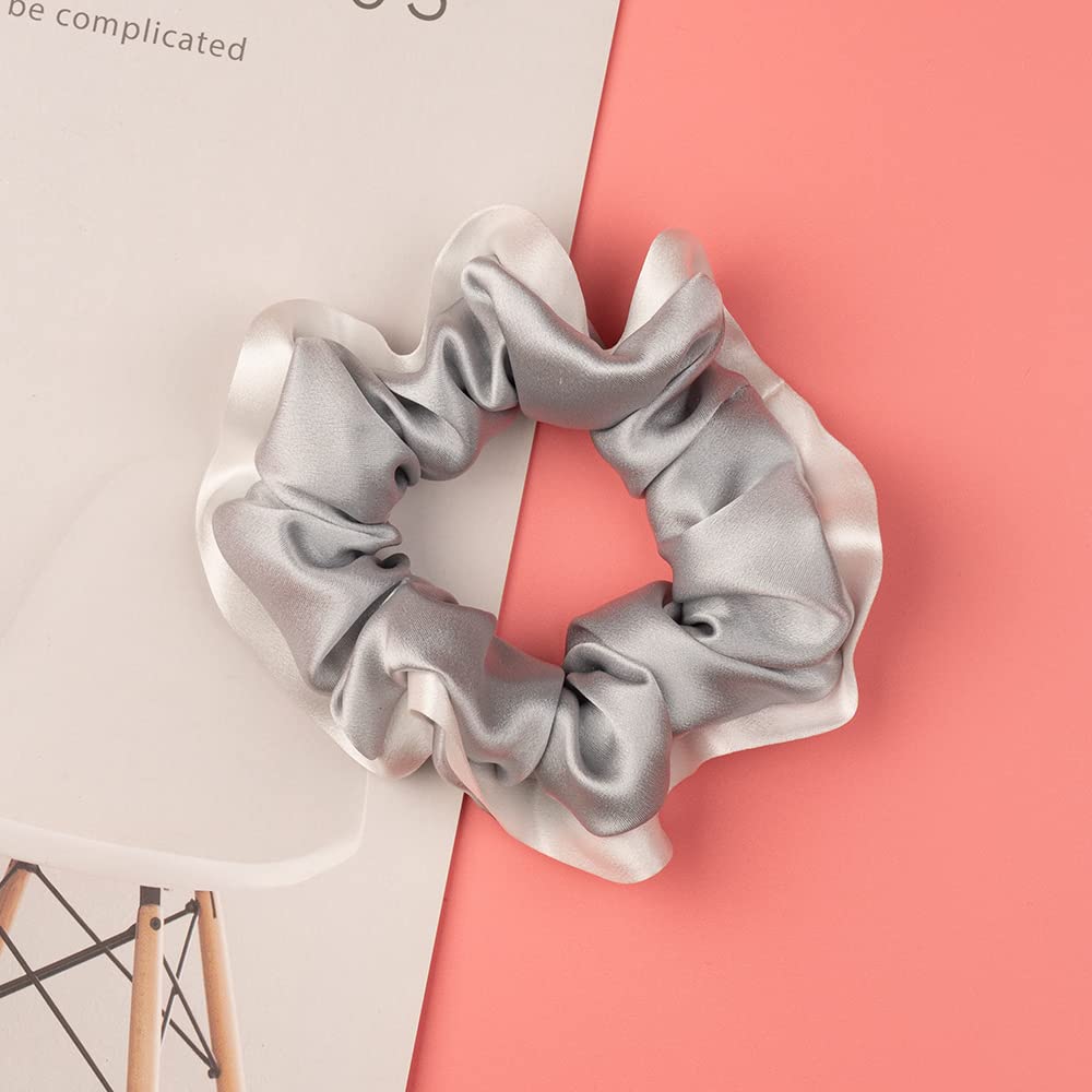 Silk Scrunchies for Hair 100% Mulberry Silk Hair Ties（Silver gray, Dark gray, Pink）
