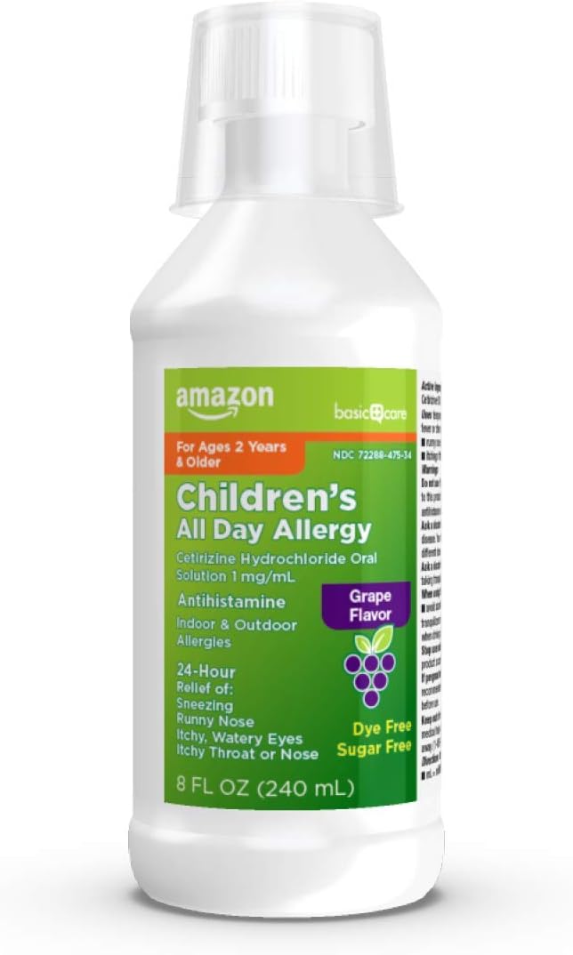 Amazon Basic Care Children’s 24 Hour Allergy Relief, Cetirizine Hydrochloride Oral Solution 1 mg/mL, Grape Flavor, Dye Free, 8 fl oz (Pack of 3)