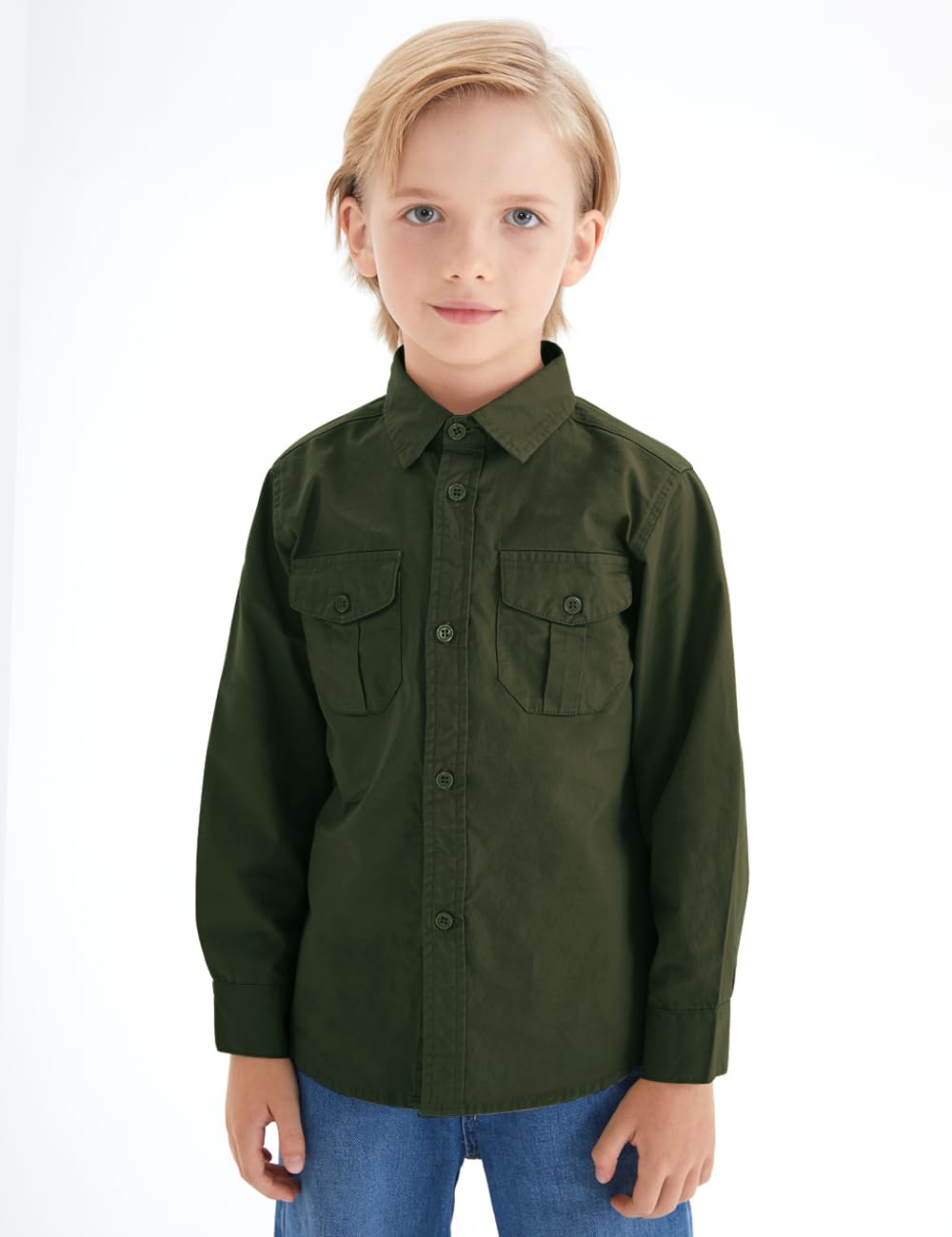 Spring&Gege Boys' Long Sleeve Button Down Shirt for Kids Woven Solid Two Pockets