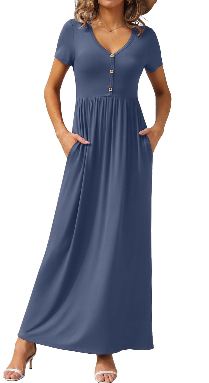 GRECERELLE Womens Summer Long Maxi Dresses 2026 Short Sleeve V Neck Casual Button Dress with Pockets