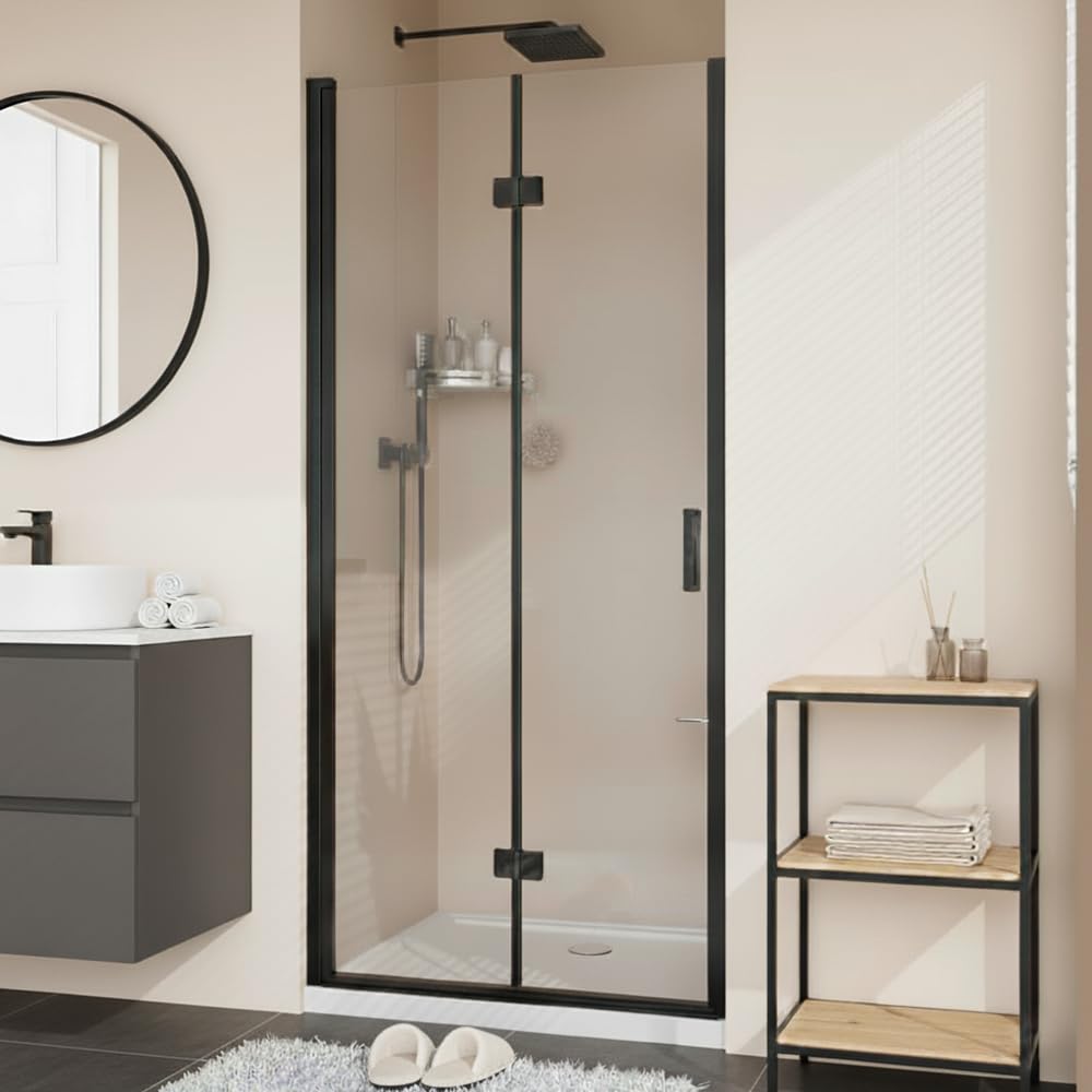28” x 72” Pivot Shower Door, 1/4 inch Tempered Glass Panel Pivot Swing Shower Door in Matte Black Finish, Semi-Frameless Design