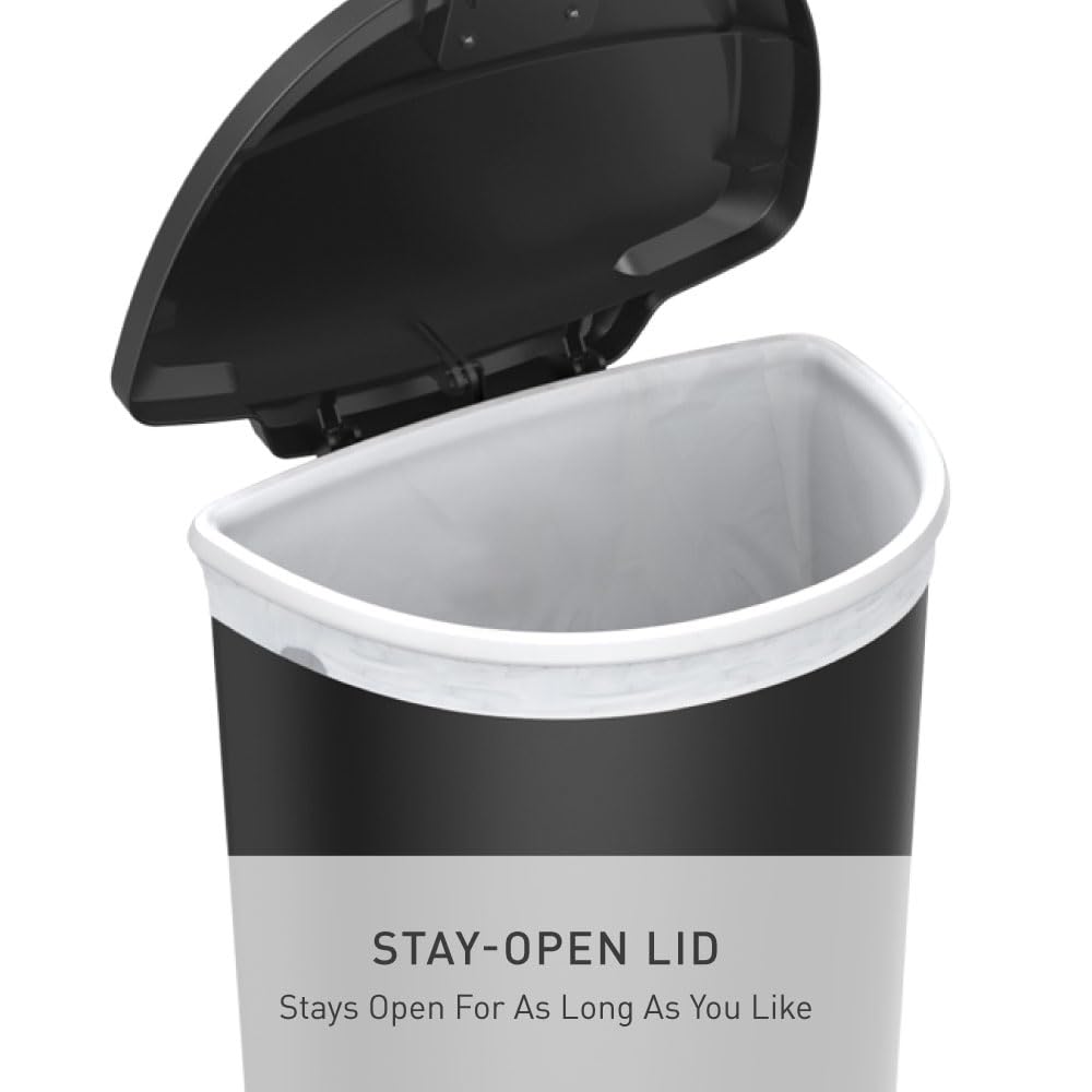 simplehuman 50 Liter / 13 Gallon Semi-Round Kitchen Step Trash Can with Secure Slide Lock, Black Plastic