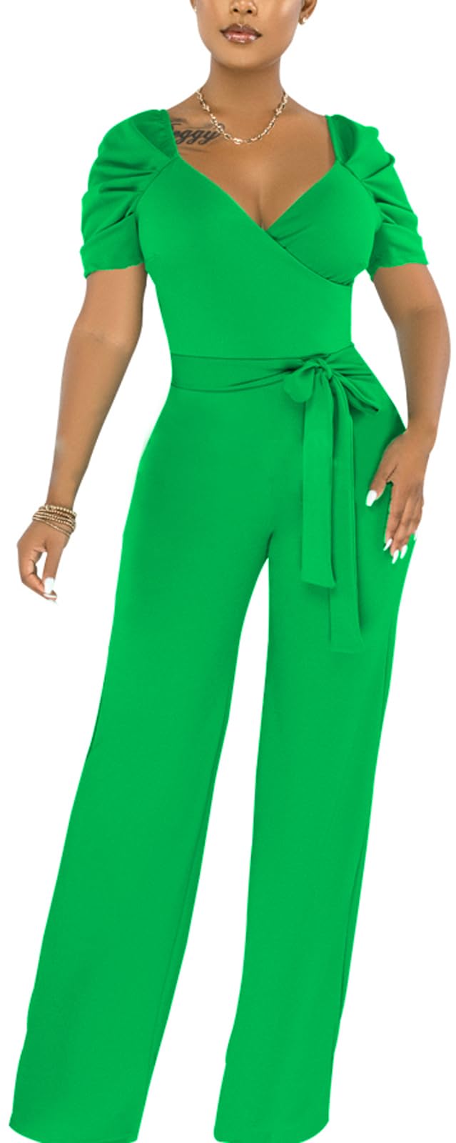 PaladMom Womens Elegant Plus Size Jumpsuits Sexy Back zipper Short Sleeve Mid Waist Wide Leg Straight Rompers