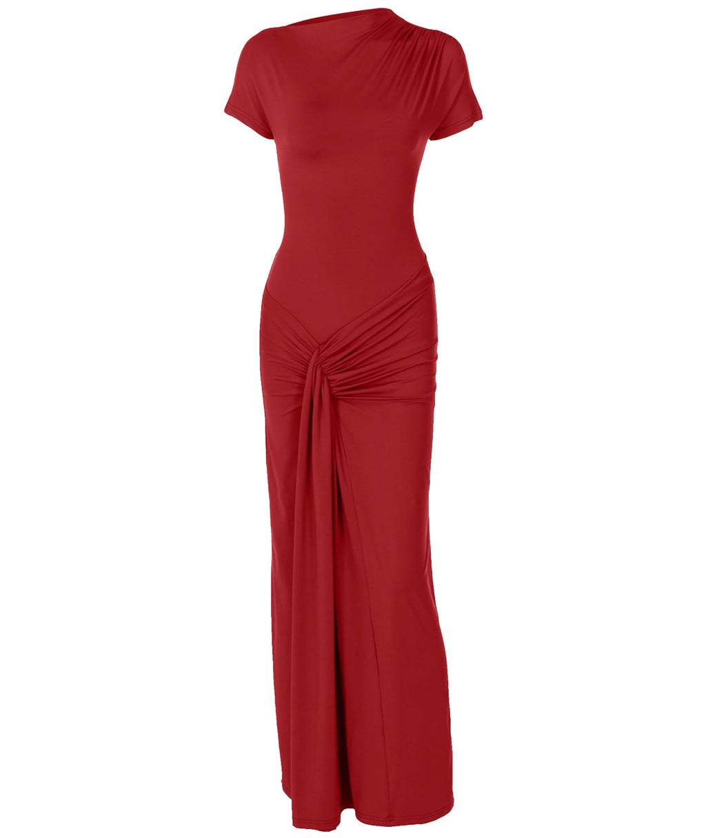 Mojessy Women Bodycon Maxi Dress Sexy Mock Neck Lace Up Bandage Ruched Short Sleeve Long Dress Cocktail Dress