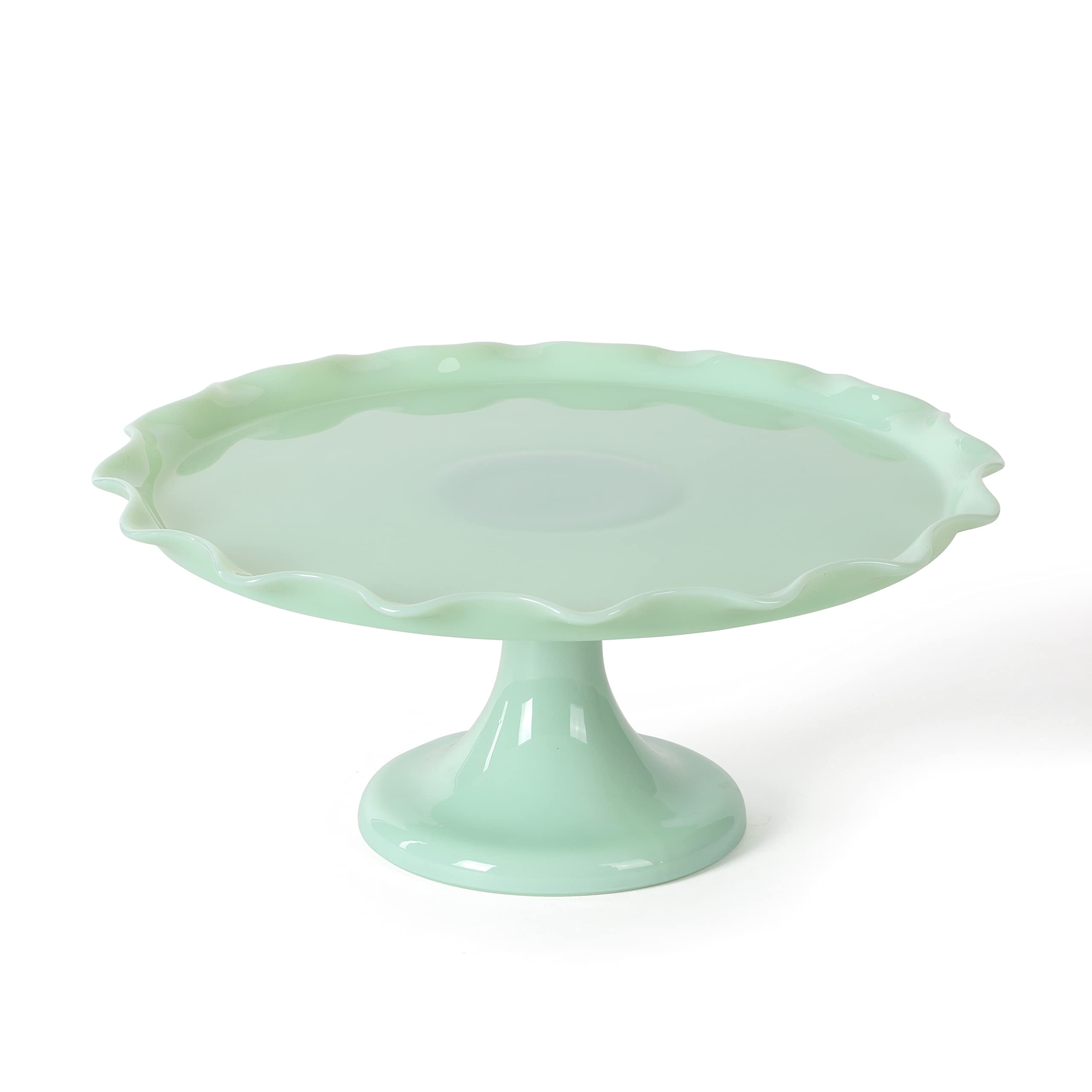Martha Stewart Watercrest Glass Cake Stand, 10.2 Inch Footed Pedestal Cake Plate with Scalloped Ruffled Edge, Clear Handmade Glassware for Weddings, Parties, and Dessert Display