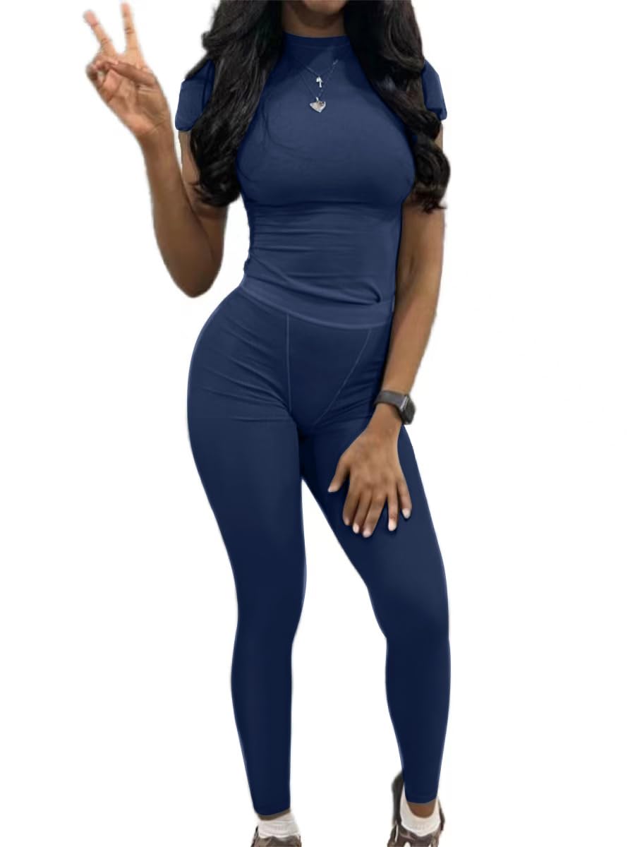 AYWA Two Piece Outfits for Women Fitted Crew Neck T-shirt High Waist Leggings Biker Shorts Matching Sets Streetwear