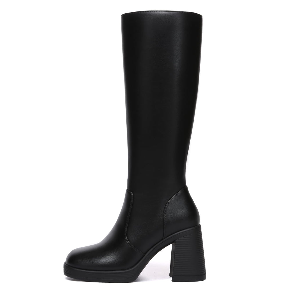 Athlefit Black Knee High Boots for Women Platform Tall Boots Fashion Square Toe Chunky Heeled Booties