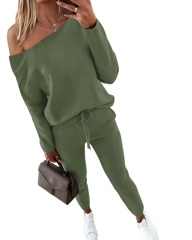 CHICME Women Tracksuit Fall 2 piece Outfits Off The Shoulder Long Sleeve Tops and Pants Set Travel Outfits