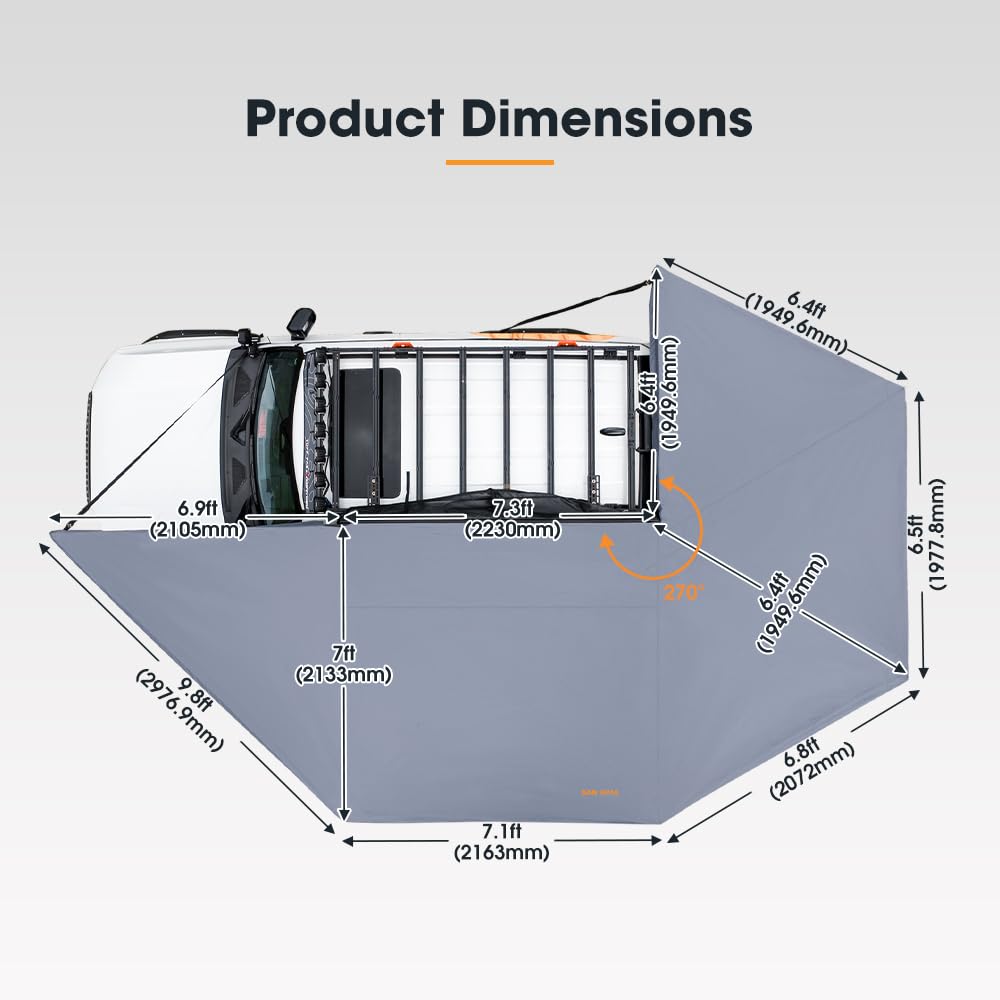 SanHima Vehicle Awning 4.6ft x 6.6ft - Roof Rack Pull Out Side Awning 30ft² Sun Shade UPF50+ Weatherproof for Camping Car SUV Truck Van