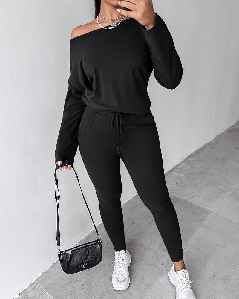 CHICME Women Tracksuit Fall 2 piece Outfits Off The Shoulder Long Sleeve Tops and Pants Set Travel Outfits