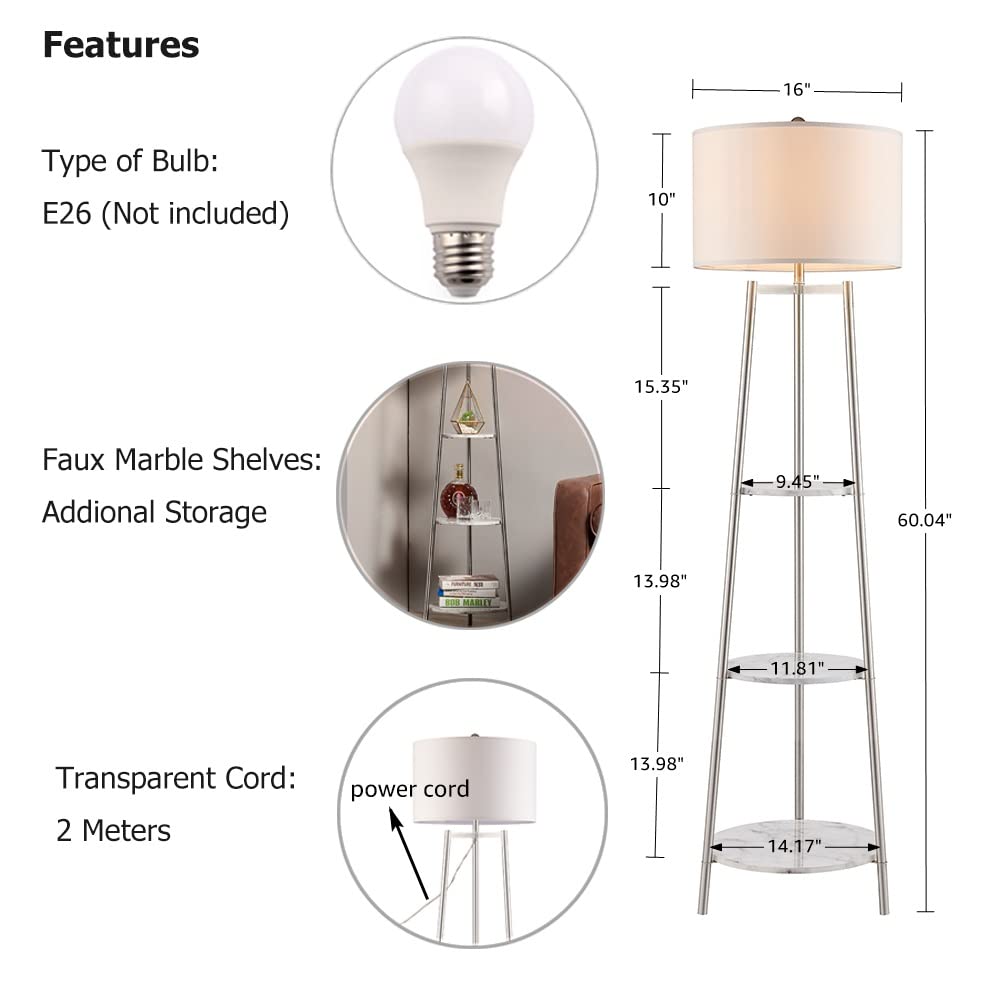 ROSEN GARDEN Floor Lamp, Standing Reading Light with Shelves and Fabric Shade, Modern Tall Pole Lamp, Accent Furniture Décor Lighting for Living Room, Bedrooms (Gold, 4-Tier)