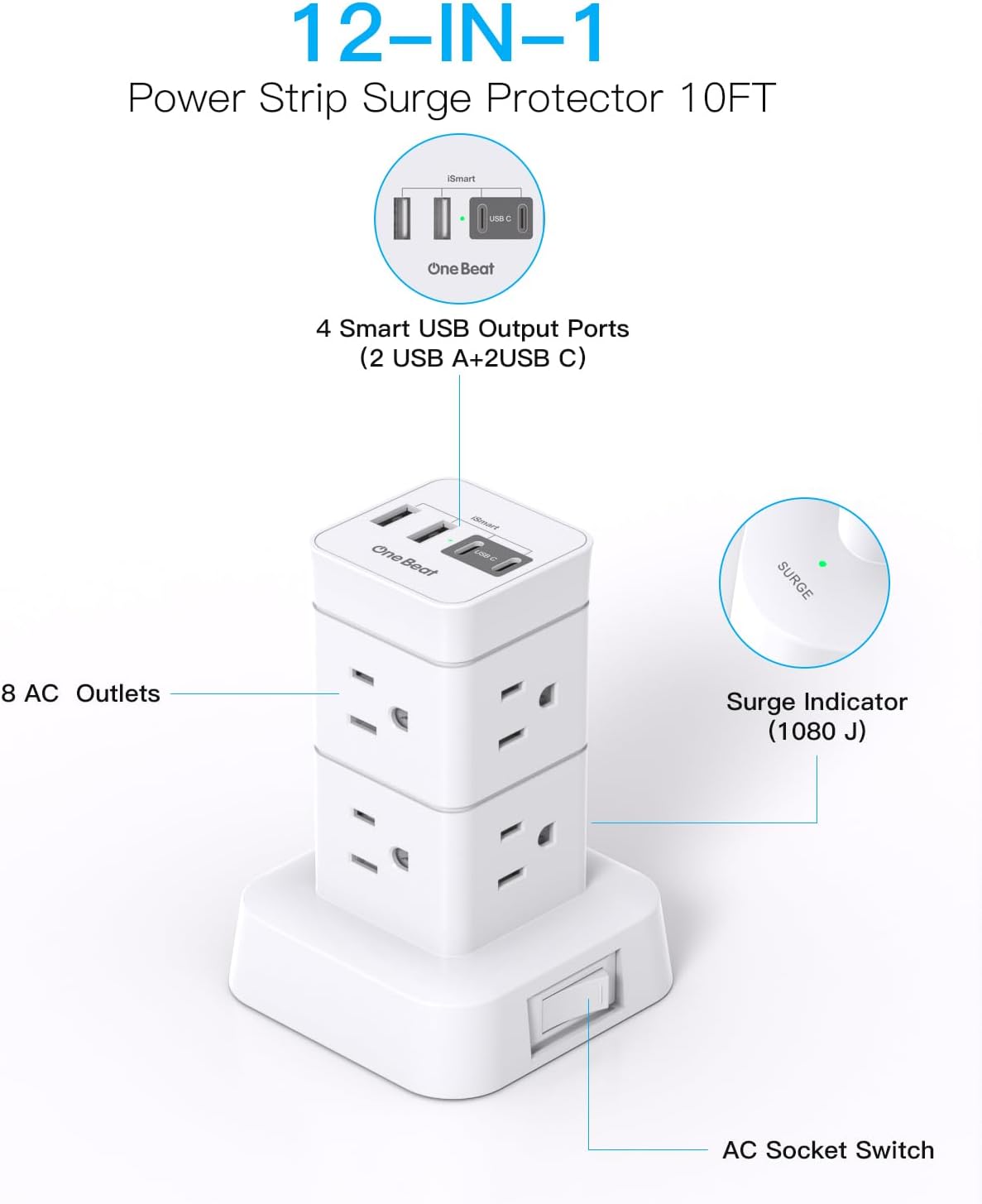 One Beat Tower Surge Protector Power Strip 10 ft,Long Flat Extension Cord with Multiple Outlets,8 AC Outlets with 4 USB Ports,Desktop Charging Station for Multiple Devices,for Home Office College Dorm