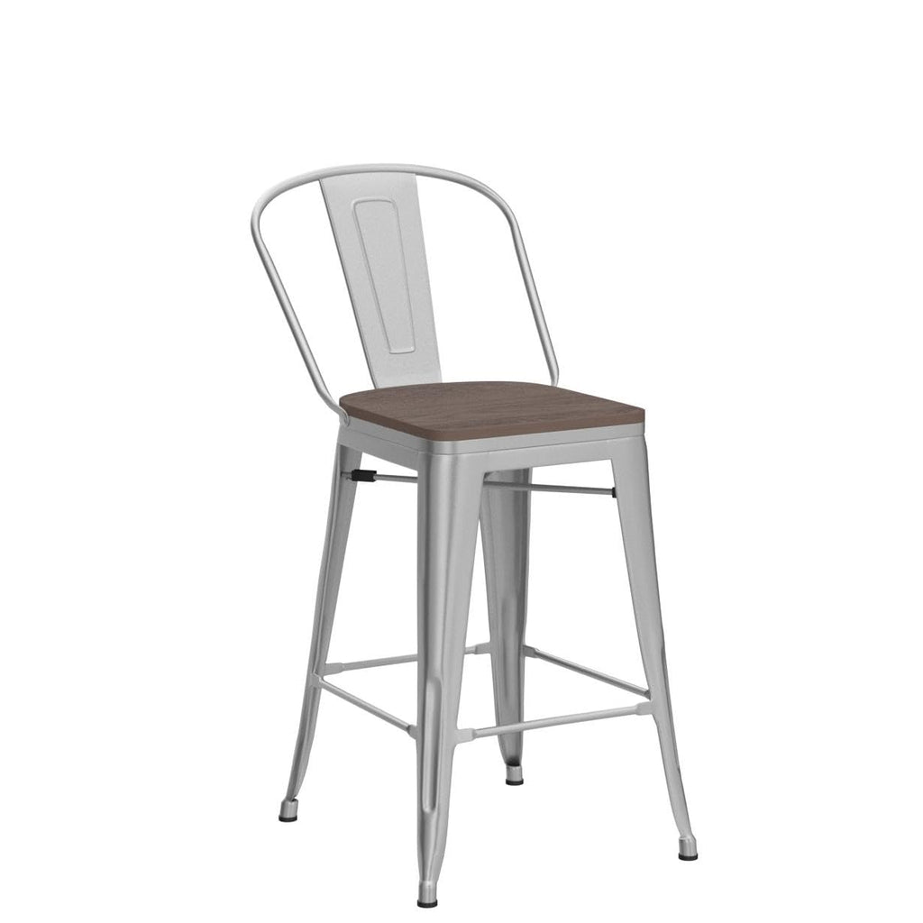Barstools Set of 4 Counter Height Bar Stools for Kitchen Island Farmhouse Metal High Back Bar Chairs Wooden Seat 24" Matte Black