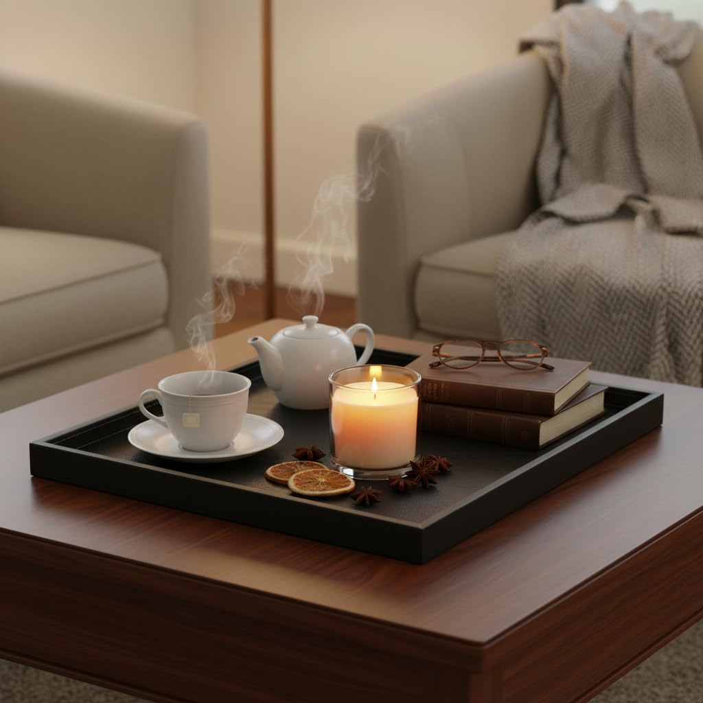 20x20 Inch Square Ottoman Tray - Faux Leather Large Serving Tray for Couch/Coffee Table, Family Dinner, Picnic, Party Decor (Beige)