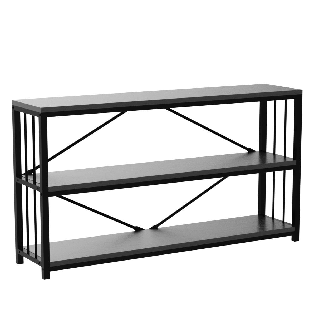 LVB Black Console Table, Modern Entryway Table for Hallway Living Room, Industrial Sofa Table Behind Couch, Farmhouse Wooden Metal Entry Table for Foyer with 3-Tier Storage Shelves, Black Oak, 55 Inch