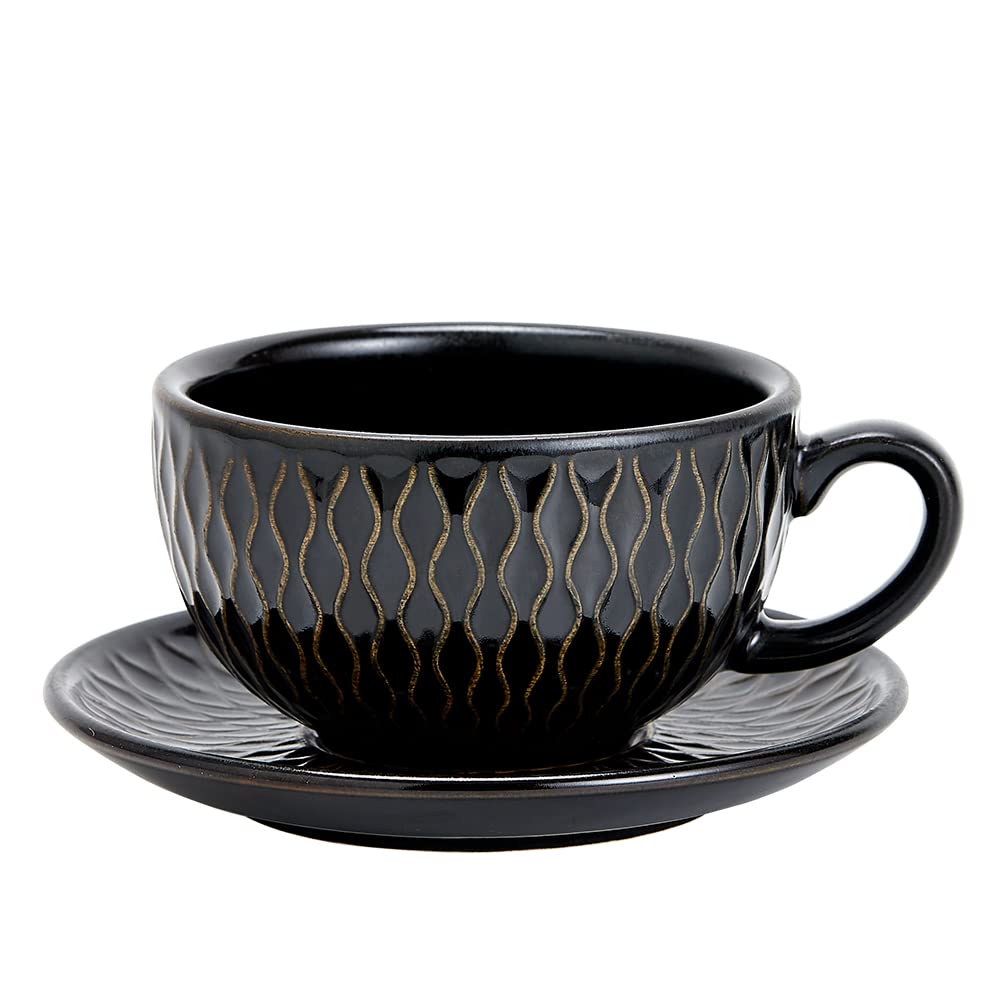 Coffeezone Vintage Design 12 oz Ceramic Latte Art Cappuccino Barista Cup with Saucer (Beige)