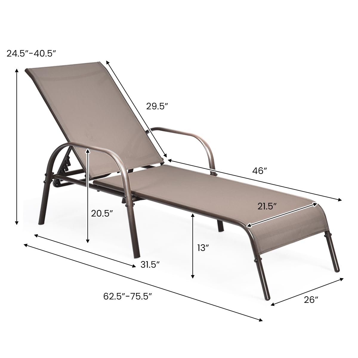 Giantex Patio Lounge Chair, Outdoor Chaise Lounge with 5 Adjustable Backrest, Sturdy Steel Frame, Sunbathing Recliner, Beach Chair, Tanning Chair for Outside, Yard, Balcony, Pool Chairs, Black