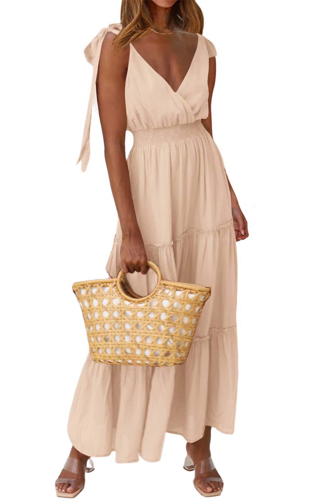 PRETTYGARDEN Women's Cross Neck Summer Sleeveless Tiered Maxi Dress Beach Tie Strap Smocked Long Dresses Pleated Sundress