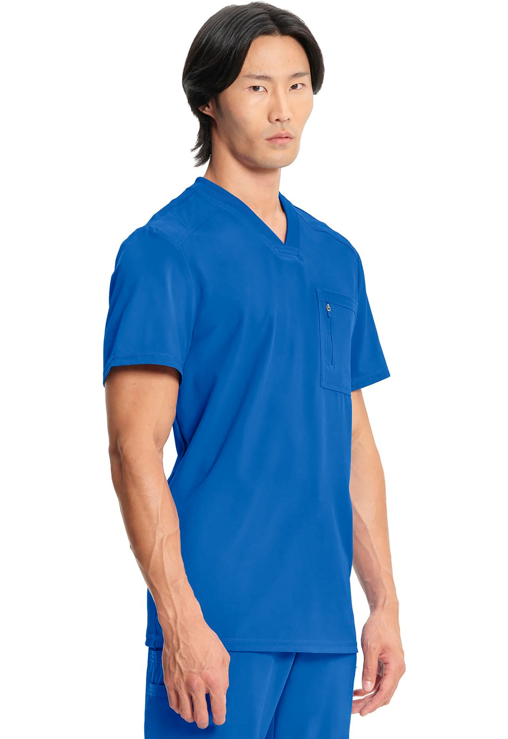 Cherokee Infinity Mens Tuckable V-Neck Scrub Top Modern Fit, 2 Pockets, Zip Chest Pocket, Rib-Knit, 360° Stretch – CK910A