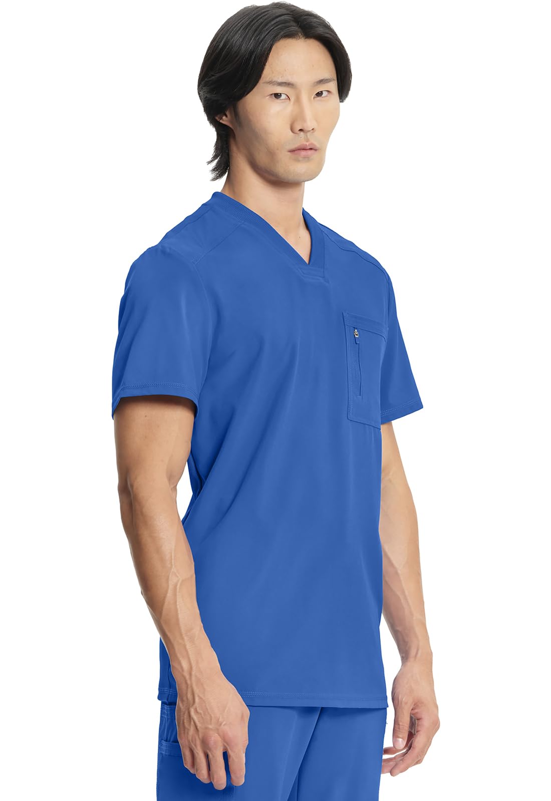 Cherokee Infinity Mens Tuckable V-Neck Scrub Top Modern Fit, 2 Pockets, Zip Chest Pocket, Rib-Knit, 360° Stretch – CK910A