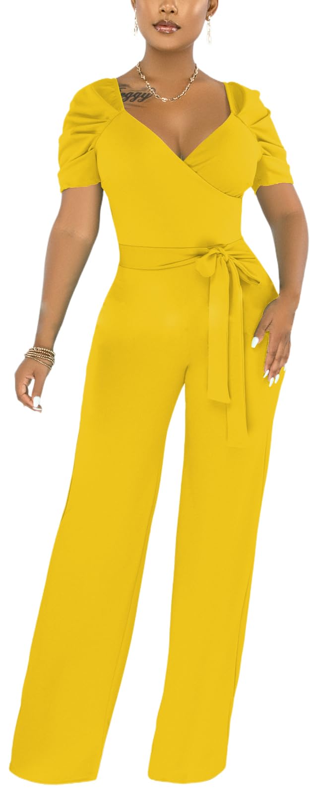 PaladMom Womens Elegant Plus Size Jumpsuits Sexy Back zipper Short Sleeve Mid Waist Wide Leg Straight Rompers