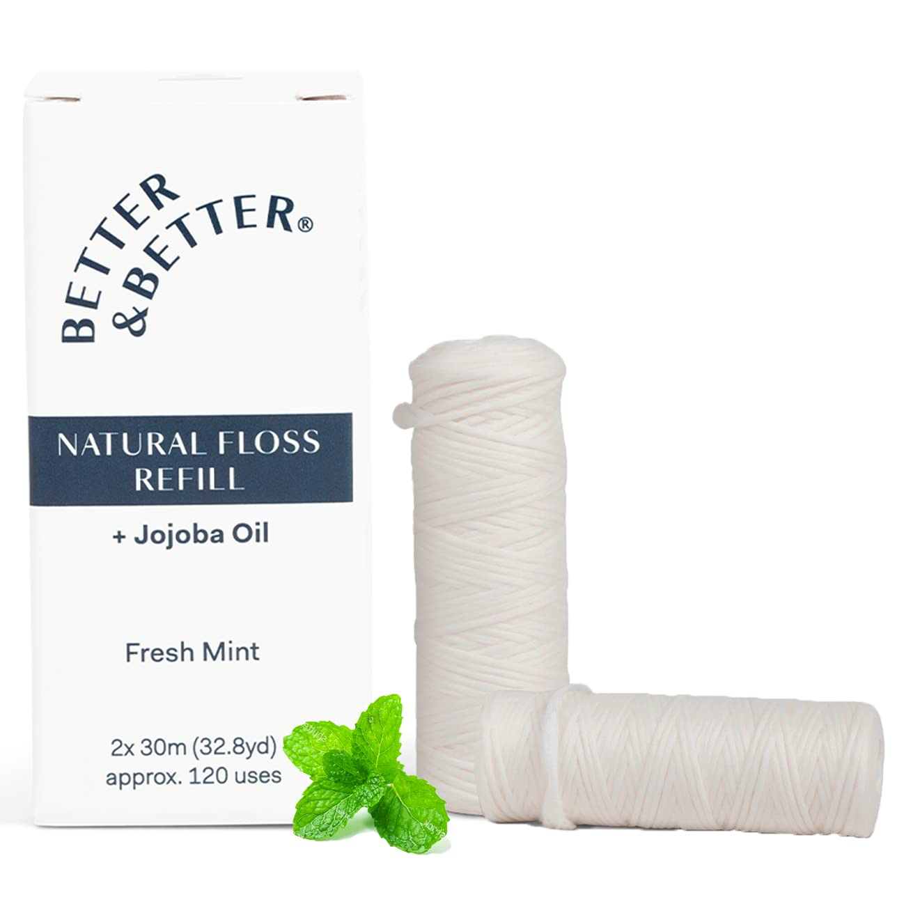Better & Better Natural Floss in Refillable Glass Jar | Waxed & Zero Plastic Oral Care - 100% Plant-Based, Vegan, Eco and Non Toxic Dental Floss, 1 Spool