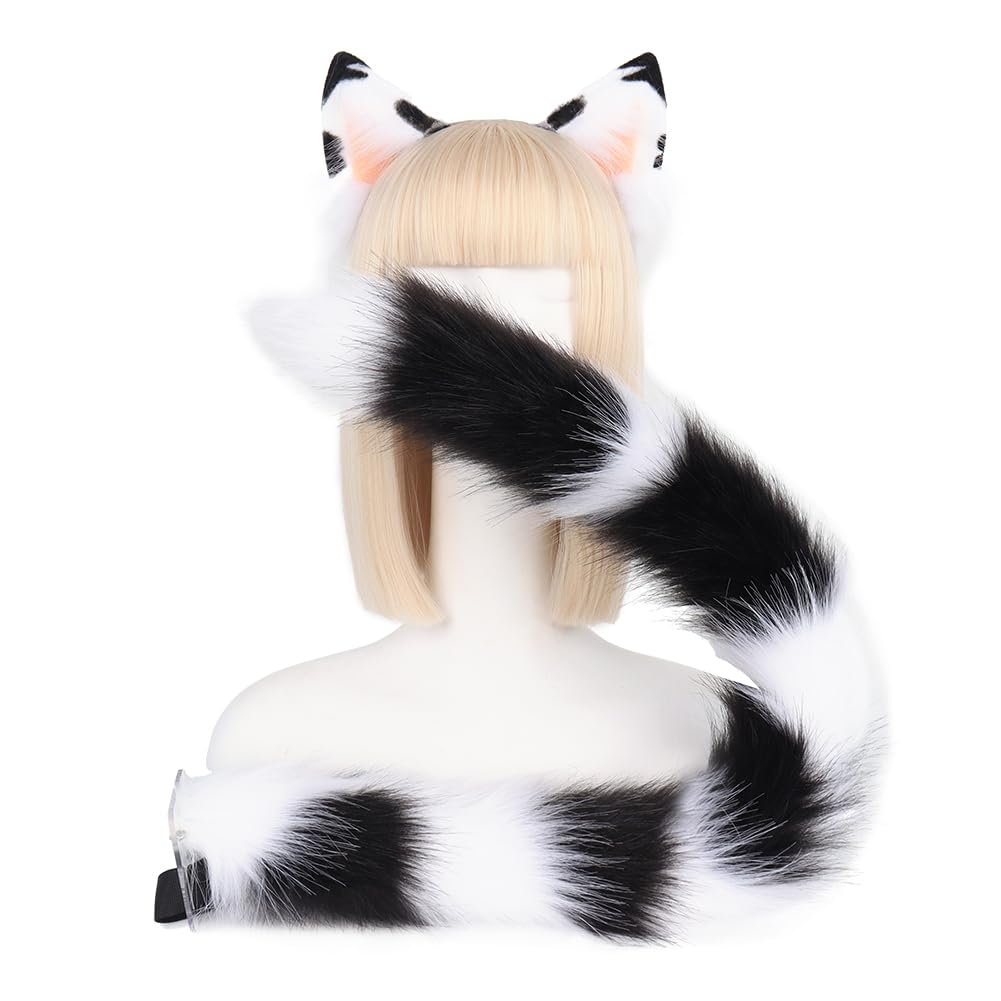 QinRuan Animal Cosplay Costume Accessories Furry Faux Fur Cat Ears Headband and Fox Tail Set Halloween Accessory