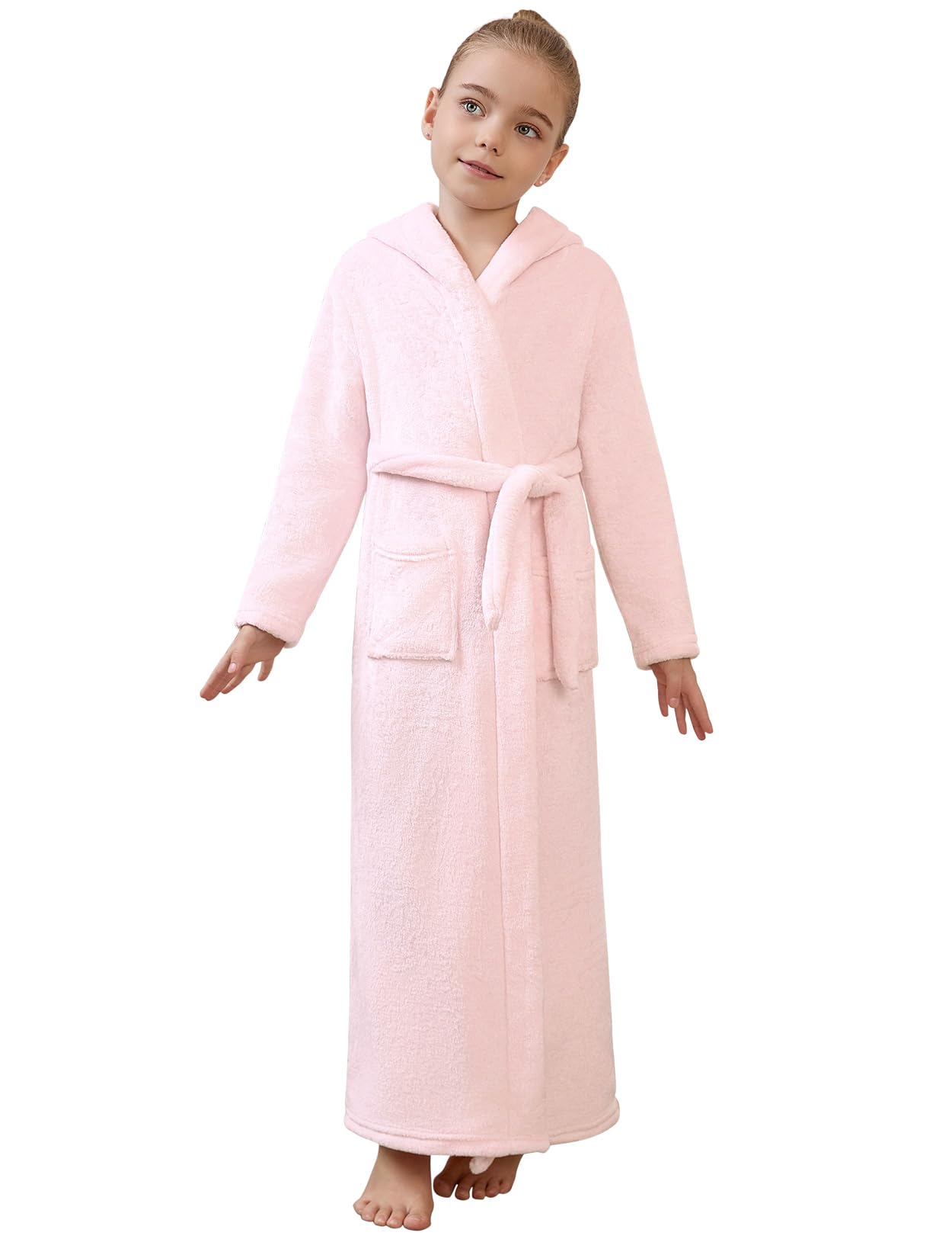 Jxstar Girls Bathrobes Kids Long Hooded Robes Plush Full Length Coral Fleece Pajamas Sleepwear