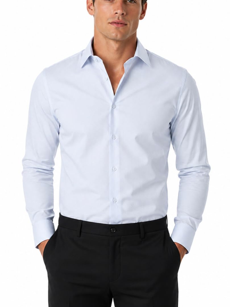 FAHIZO Men's Dress Shirt Casual Regular Fit Stretch Solid Long Sleeve Button Up Shirts