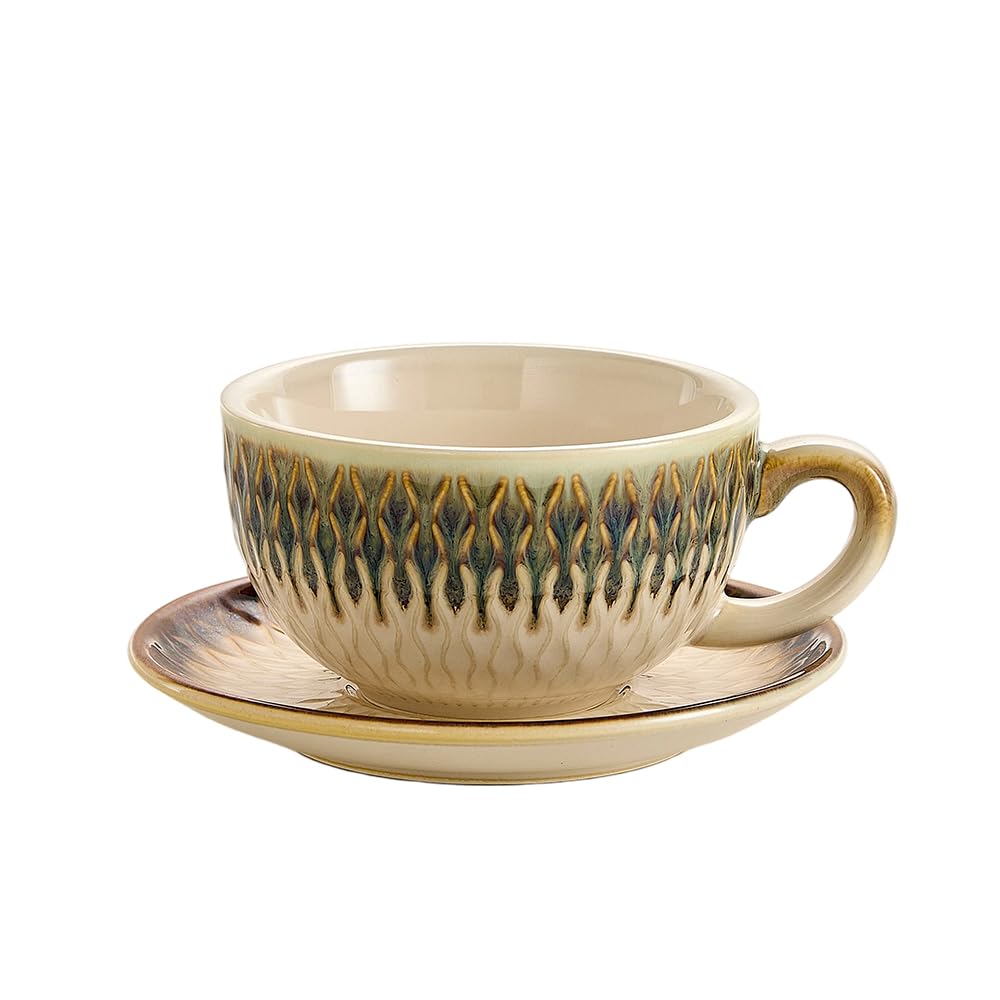 Coffeezone Vintage Design 12 oz Ceramic Latte Art Cappuccino Barista Cup with Saucer (Beige)