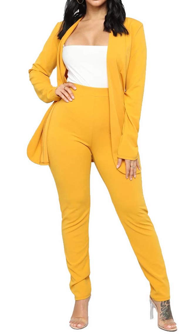 Aro Lora Women's 2 Piece Outfit Casual Solid Open Front Blazer and Pencil Pant Suits Set