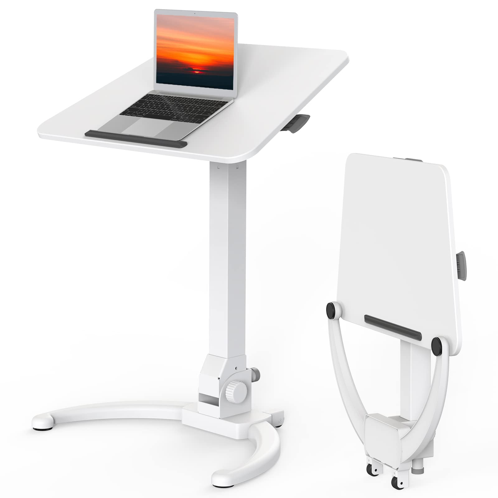 JOY worker Foldable Mobile Standing Desk, Height Adjustable Sit Stand Desk, 90° Tiltable Rolling Laptop Table, Portable Workstation with Non-Slip Mat for Home Office, Holds Up to 22lbs, Black