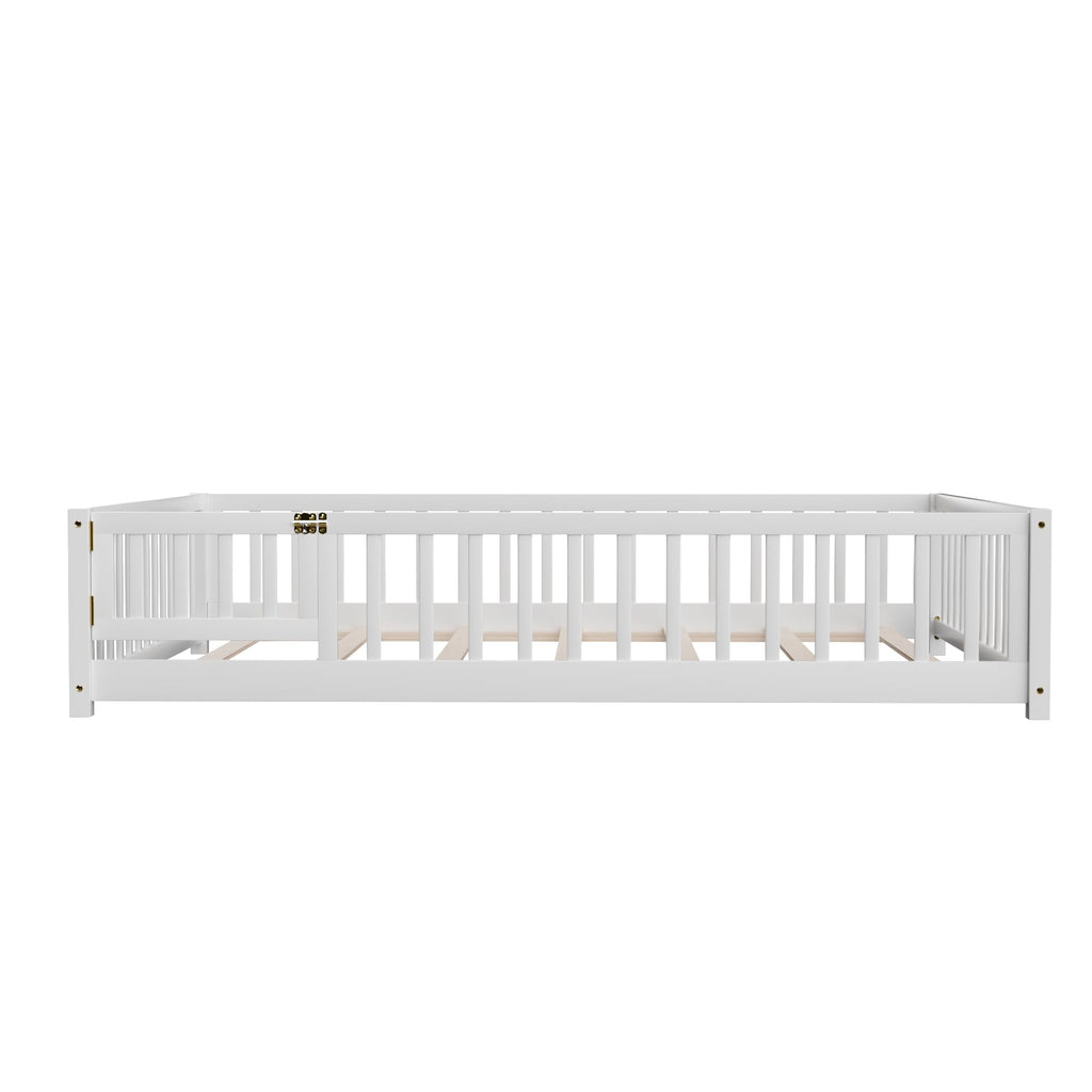 i-POOK Queen Floor Bed for Children, Sturdy Wood Montessori Bed Frame with Wood Slats, High Fence & Small Door for Girls and Boys, Espresso (with Bed Slats)