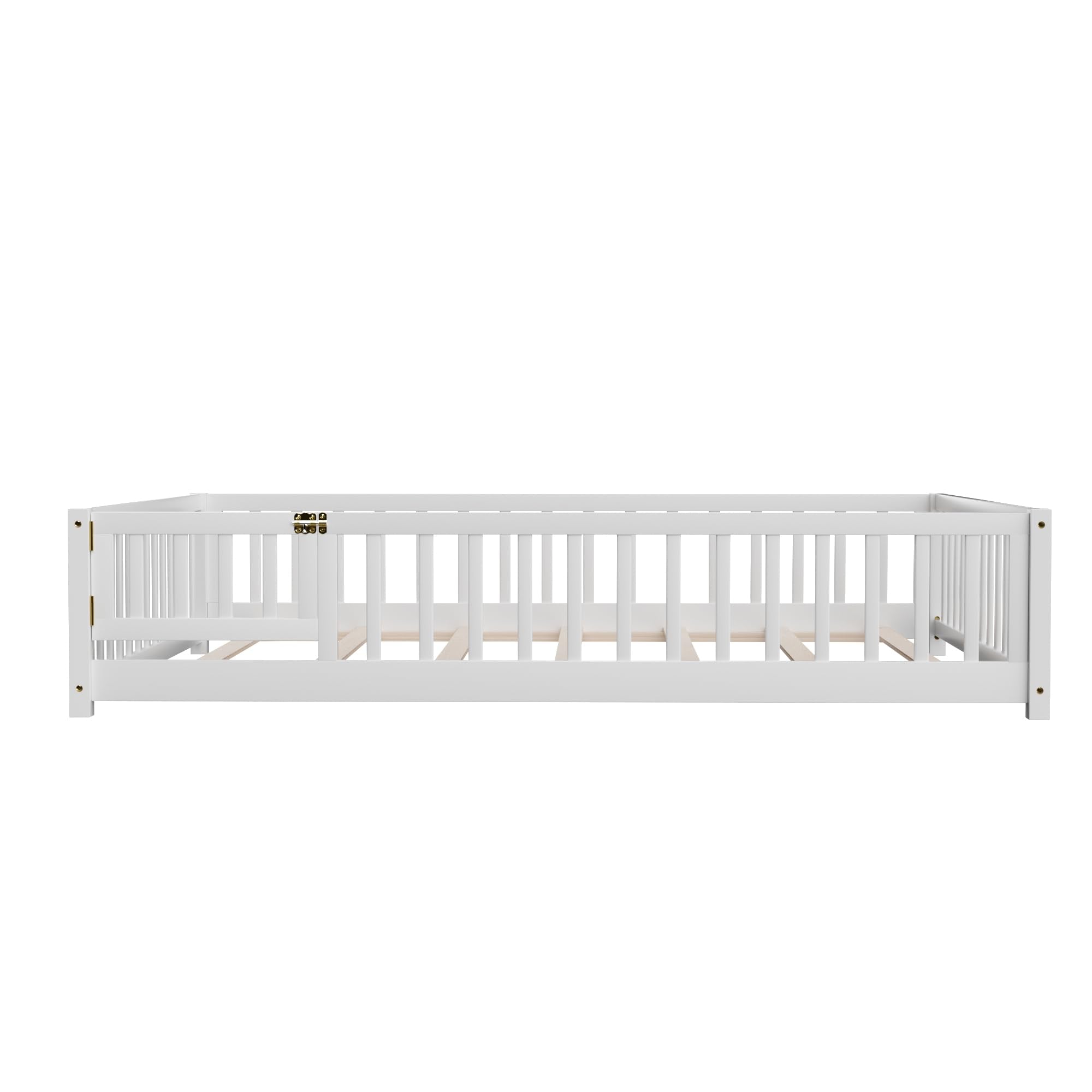 i-POOK Queen Floor Bed for Children, Sturdy Wood Montessori Bed Frame with Wood Slats, High Fence & Small Door for Girls and Boys, Espresso (with Bed Slats)