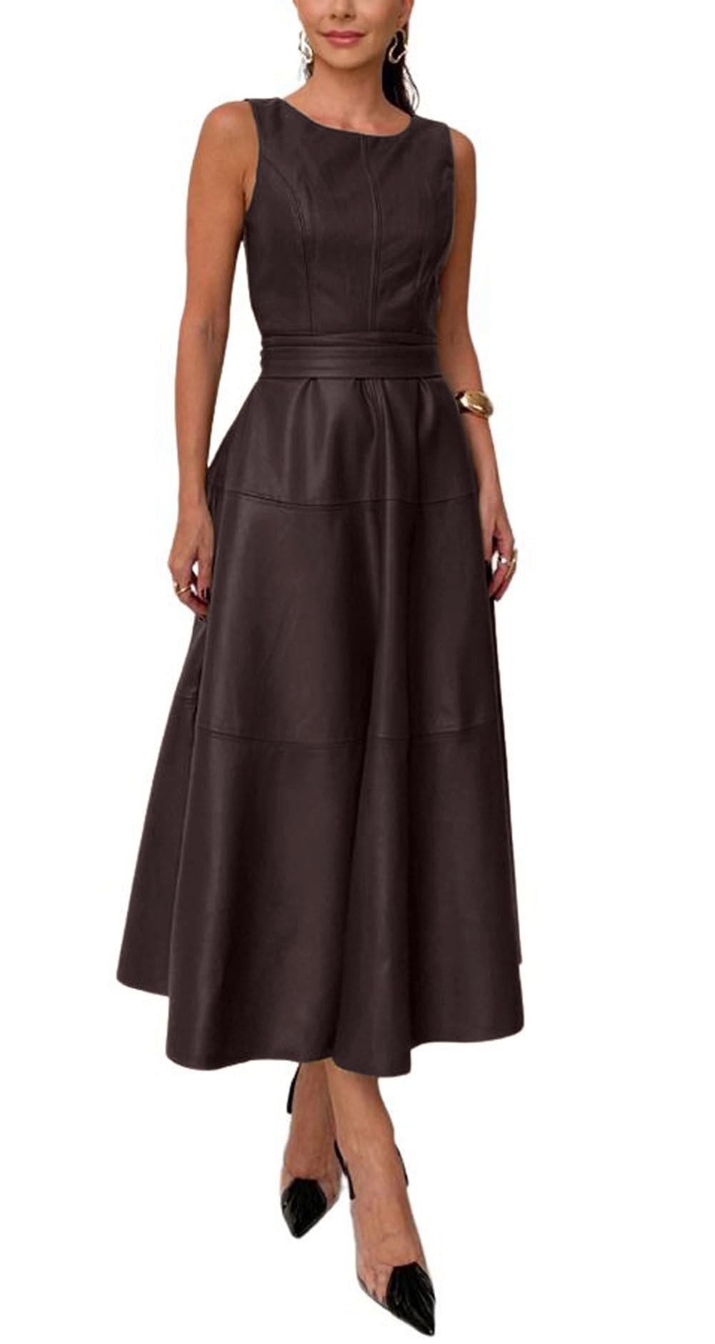 CHARTOU Women PU Faux Leather Sleeveless Elegant Flowy Long Dress Party Night Out Dress with Belt