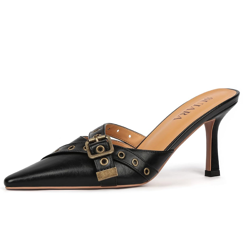 Kitten Heels for Women Closed Toe Heels Vintage Heeled Mules Sexy Pointy Studded Slip on Stiletto Dressy Pumps